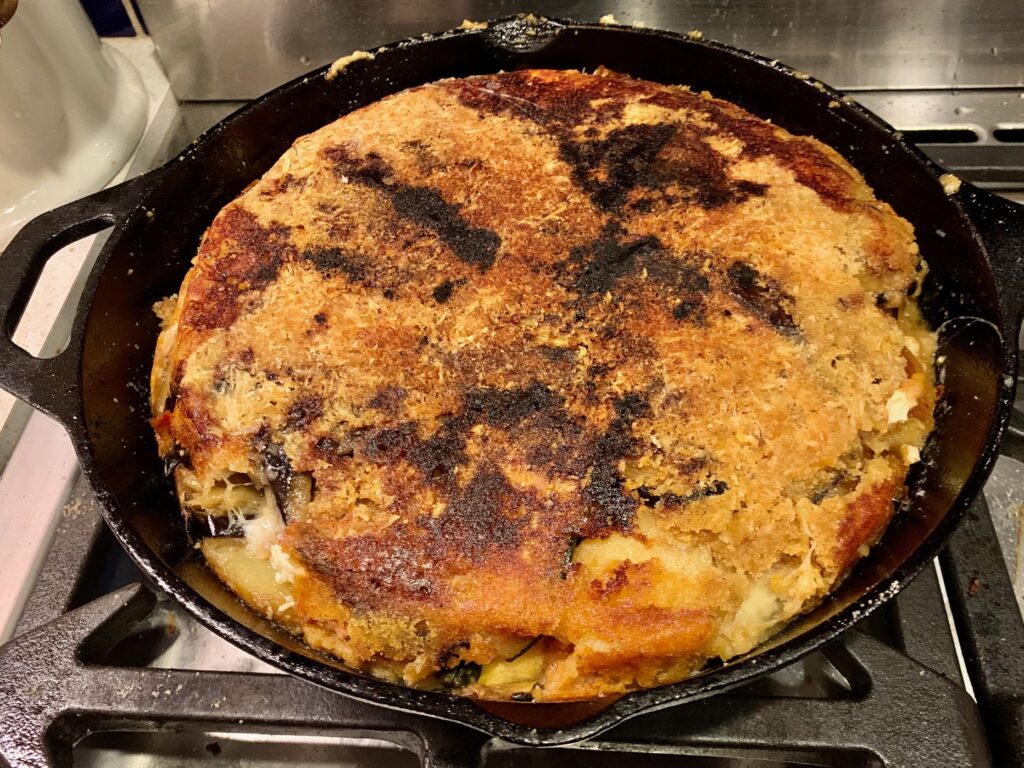 A picture of an inverted stovetop eggplant parmigiana 